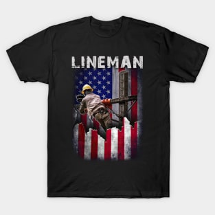 Proud Lineman Vintage American Flag Patriotic Lineman Pride T-Shirt